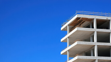 Modern concrete building under construction against clear blue sky, showcasing structural framework and unfinished floors. image conveys sense of progress and development