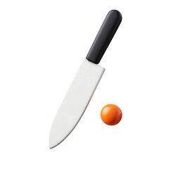 Two ceramic knives crossed with black handles and two orange tomatoes isolated food on transparent background