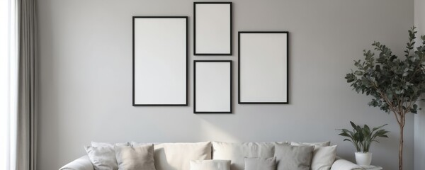 Modern living room interior design with grey wall, large window, plush beige sofa, white wall, framed photographs, symmetrical pattern, sleek grey rug, white plant, grey curtain, contemporary design.