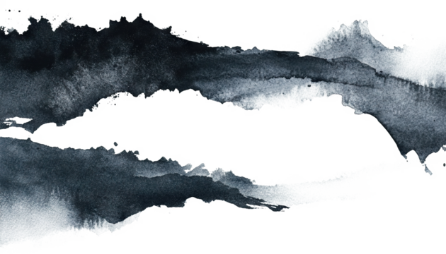 Black watercolor brush strokes forming abstract frame, isolated on transparent cutout background