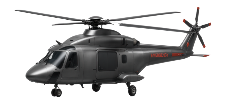Helicopter with large cargo bay and bright red emergency markings