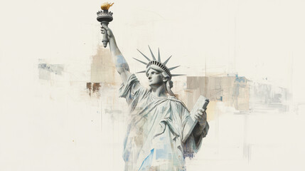Watercolor style painting of statue holding torch, symbolizing freedom and democracy. artwork features abstract elements and soft color palette, evoking sense of inspiration and hope