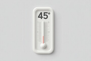 A digital thermometer shows a temperature reading of 45 degrees Celsius. The sleek white design contrasts with the neutral wall behind it, emphasizing the high temperature reading.