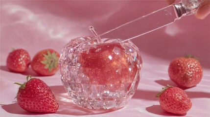 Apple in crystal: A crystal apple and fresh strawberries exude refreshing delicacy, photographed in the soft glow, creating a delicate sensory experience. 