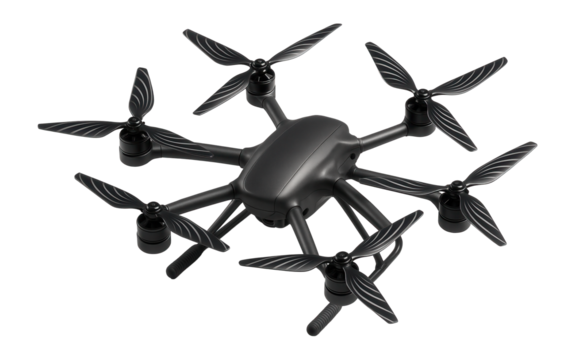 Hexacopter with a distinctive spiral pattern on the rotor blade surfaces