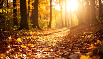 Obraz premium Walking the Autumn Path Through Golden Sunlight and Fallen Leaves