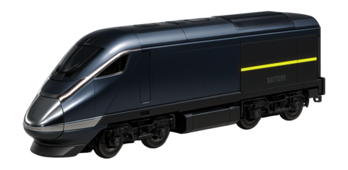 Bi-mode locomotive with prominent battery compartment and sleek nose