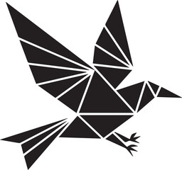 Geometric flying bird logo in a polygonal, low-poly style. Abstract black silhouette animal icon, vector origami illustration.