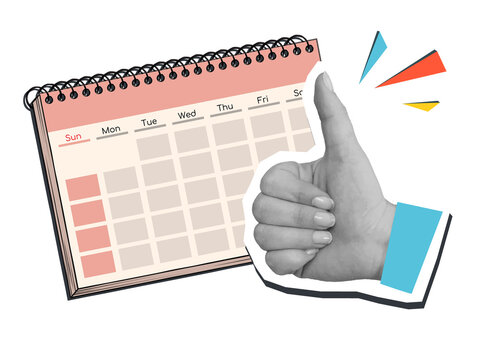 A black and white hand with thumbs up gesture and a calendar. Modern photo collage style. Illustration on transparent background