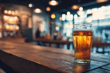 A pint of golden beer sits on a wooden bar with soft lighting and a blurred background suggesting a pub