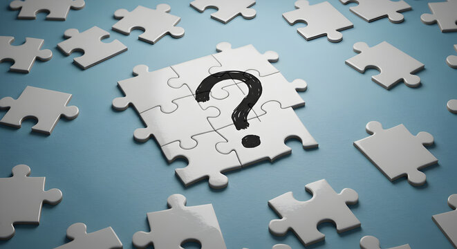 Assembled Puzzle with Black Question Mark Amidst Scattered Pieces on Blue Surface Emphasizing Uncertainty and Challenge