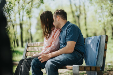 A young couple sits closely on a park bench, enjoying each other's company surrounded by lush...