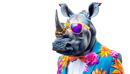 Stylish Rhino with Sunglasses and Flower in Colorful Suit isolated on solid white background Png
