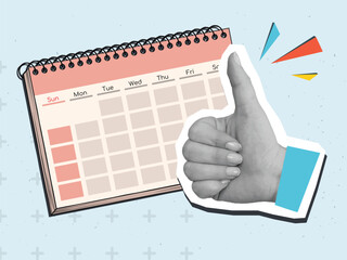 A black and white hand with thumbs up gesture and a calendar. Modern photo collage style. Vector illustration