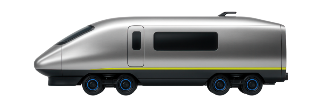 Modern high-speed train engine with a low-profile chassis and digital display panel