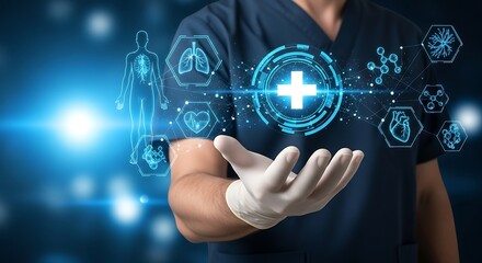A person in scrubs and gloves presents medical icons in a digital futuristic interface with blue light