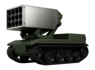 Tracked MLRS vehicle with a boxy rocket pod and reinforced tracks