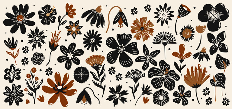 Abstract bohemian tropical floral plants shapes vector illustration large set for design. Different types of exotic flowers decorative botanical sticker elements collection in groovy funky boho style