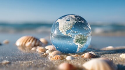 Earth Sphere at the Beach: A clear glass sphere representing the Earth rests on a sandy beach, surrounded by seashells, with the ocean in the background.