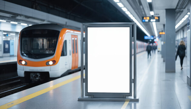Blank advertising mockup board on train platform with approaching train. White display space for commercial marketing public announcements in modern urban subway station. Template for advertisements.