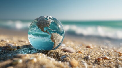Earth in the Palm: A crystal sphere, delicately etched with the continents, rests upon the golden sands, reflecting the boundless ocean and sky.