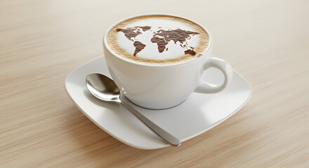 Coffee Cup with a Brown Map Design and Metal Spoon on a White Plate with Wooden Table Background