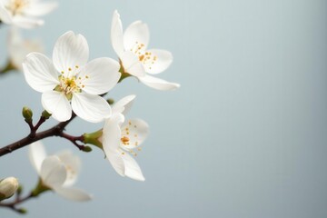 Delicate white blossoms, soft gray backdrop Minimalist, ethereal beauty Cool tones , elegance, purity, blossom