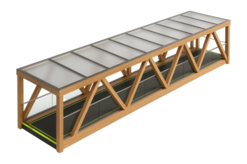 Covered pedestrian bridge with wooden beams and translucent roof panels