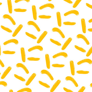 A simple and seamless pattern fun flat design illustration of yellow macaroni pasta with smooth curves, perfect for food-themed graphics and playful artwork.
