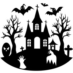 Spooky Halloween Silhouette with Haunted House Bats Trees and Graveyard Elements