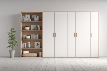 Modern minimalist 3D wardrobe with white matte finish and natural wood handles. Integrated shelving unit, woven storage boxes, and neutral decor for contemporary home interiors.