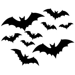 Black Bat Silhouettes Flying on White Background for Halloween Decoration
