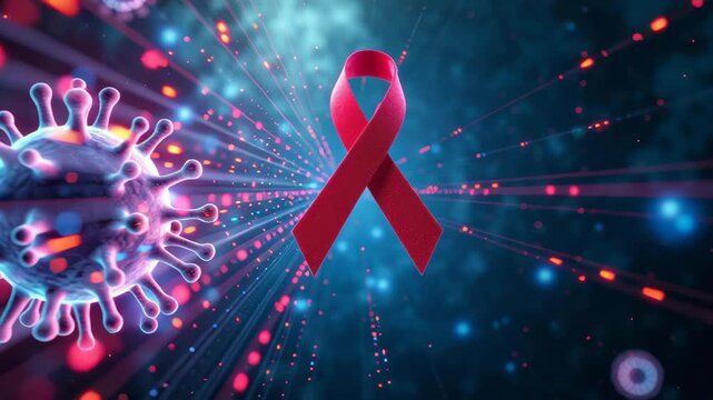 Hiv virus concept ,Digital representation of virus with red awareness ribbon symbolizes fight against HIV/AIDS and health