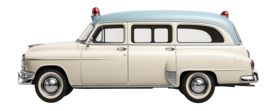 Retro ambulance with chrome accents and rounded roofline