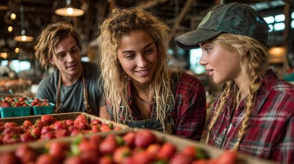 Three young farmers smiling over fresh strawberries at market