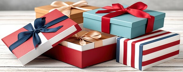 Naklejka premium Elegant gift boxes with decorative ribbons on a bright wooden table