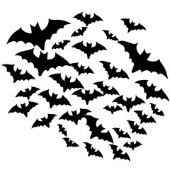 A Group of Black Bats Flying in a Swarm on White Background