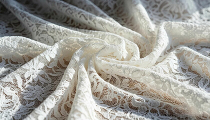 Delicate white lace fabric with a close-up floral pattern. The folds in the lace fabric create elegant texture and depth for wedding and fashion designs.