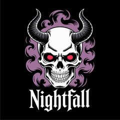 A menacing horned skull with glowing red eyes emerges from purple smoke, accompanied by 'Nightfall' text.