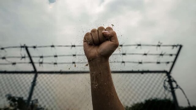 Intense Close-Up of Raised Fist and Barbed Wire, Evoking Rebellion and Social Justice in Cinematic Style

