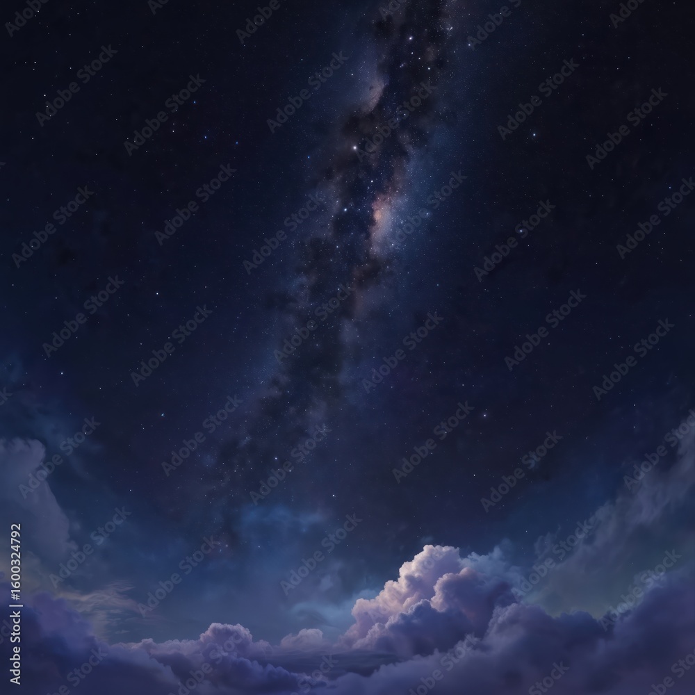 Wall mural vast dark night sky filled with twinkling stars and the milky way galaxy. dramatic clouds float belo