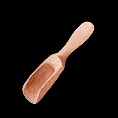 A wooden scoop with smooth texture and natural color watercolor illustration isolated on black. Ideal for kitchen designs, organic product packaging, recipe books, and eco-friendly branding projects