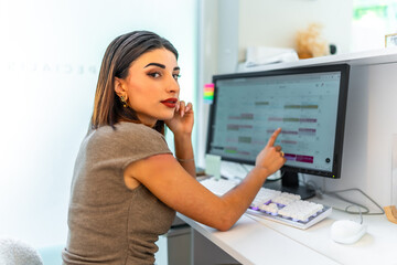 Beautician managing appointments on computer in beauty salon