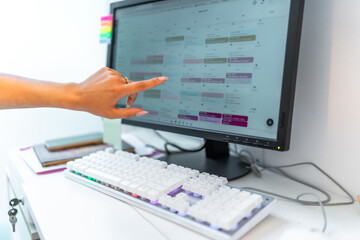 Beautician pointing at calendar on computer screen in beauty salon