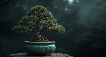 A bonsai tree in a green pot with a crack on a stone surface against a blurred dark background