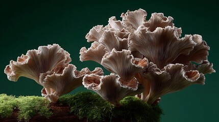 Elegant oyster mushrooms growing on a mossy log against a dark green background