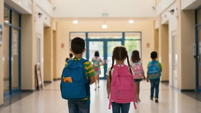 Rear view of two elementary school children, a boy and a girl, walking down the school hallway. Kids with backpacks going to class together.