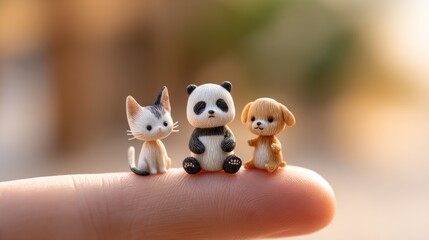Tiny Companions' Gathering: A delightful trio of miniature figurines, featuring a cat, a panda, and a dog, harmoniously sharing space, offering a glimpse into a world of enchanting charm.
