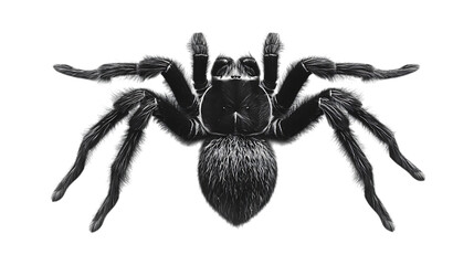 Black tarantula spider top view isolated on white background for arachnid and creepy insect concept

