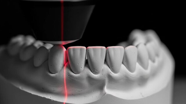 Dental implant planning is aided by laser scans of plaster teeth casts in labs. Suitable for dental professionals promoting advanced technology.